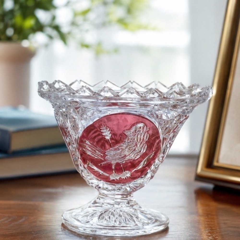 Amaris by Nachtmann Bird Rubin Lead Crystal Footed Bowl 7cm Bird Medallion 29-08